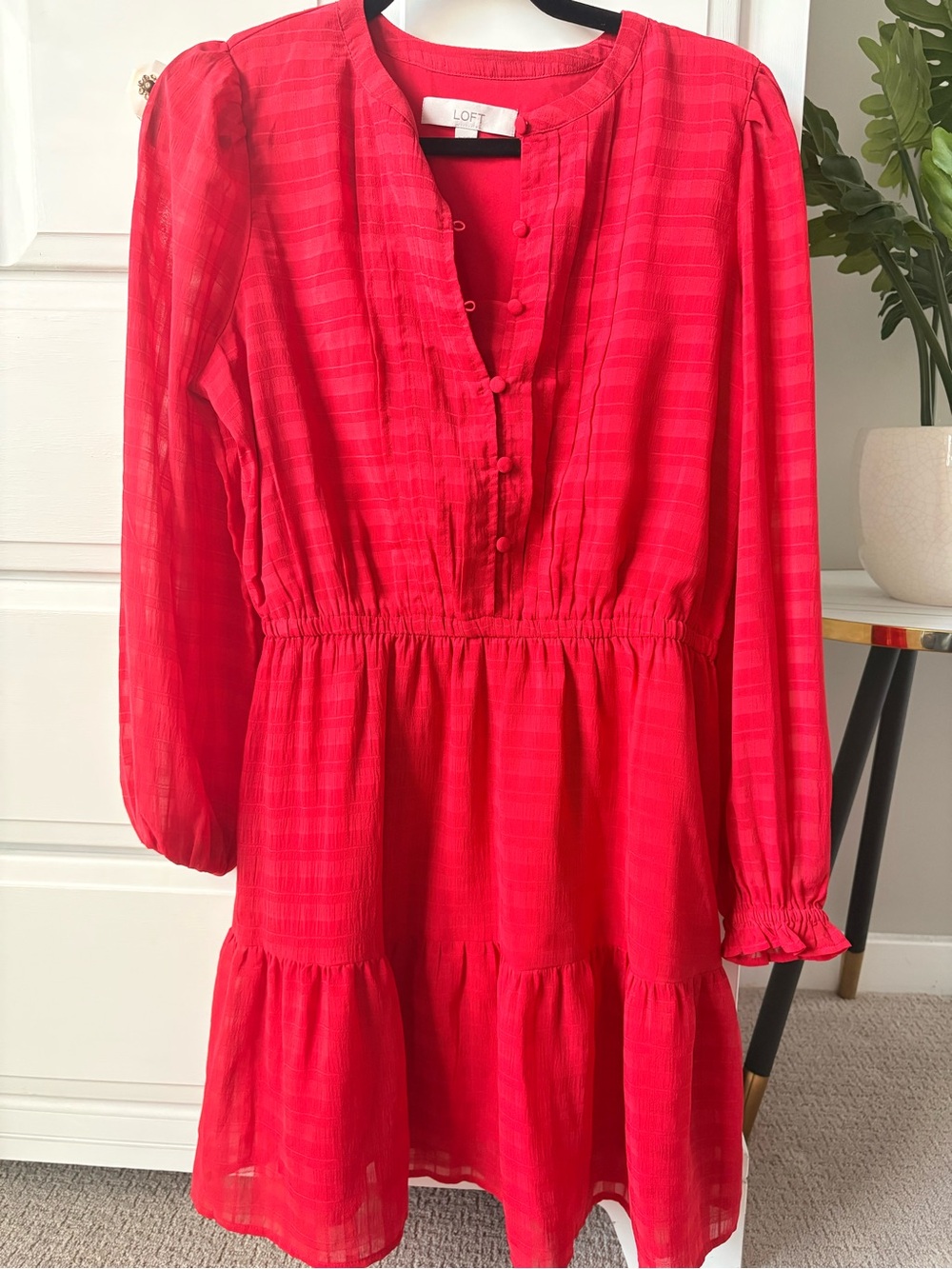 LOFT Bright Red Long-Sleeve Tiered Dress size medium -no tags but only worn once